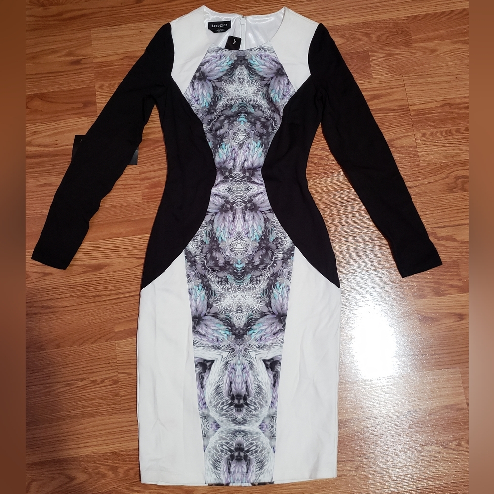 Bebe LS Print Crew Neck Dress